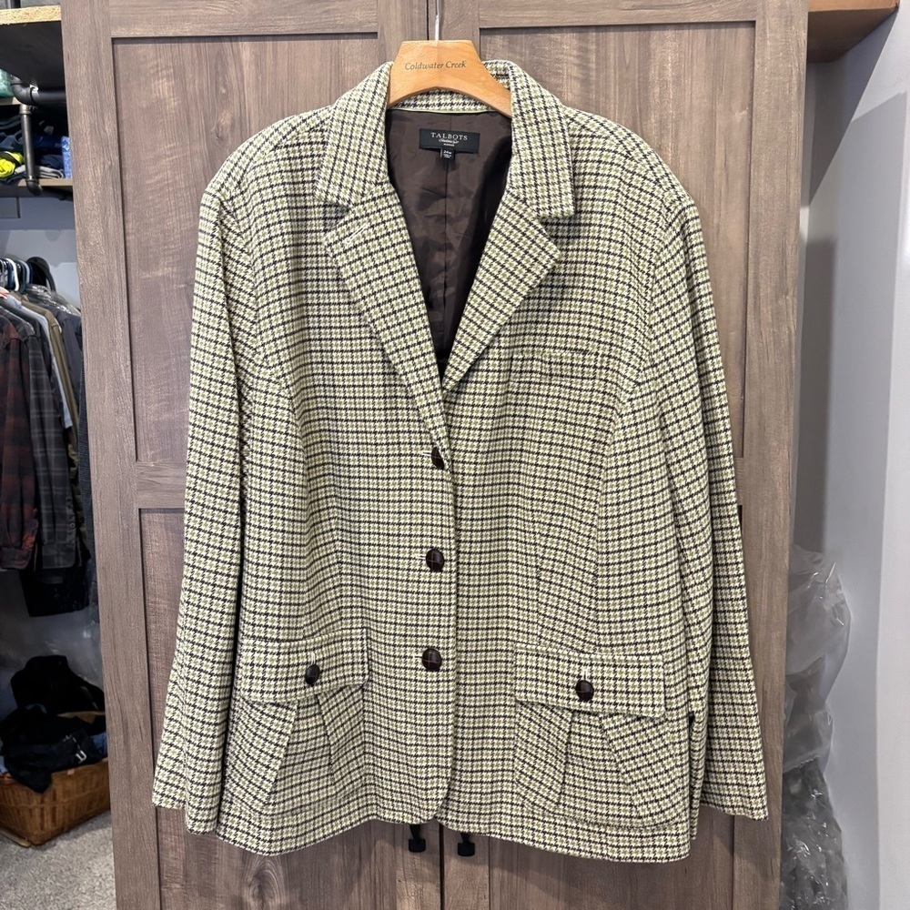 NWOT Talbots Woman 24W Blazer Houndstooth Plaid Jacket Green Brown